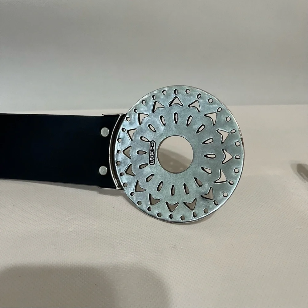 Chico’s Black Wide Leather Adjustable Belt Silver Gold Circle Buckle
